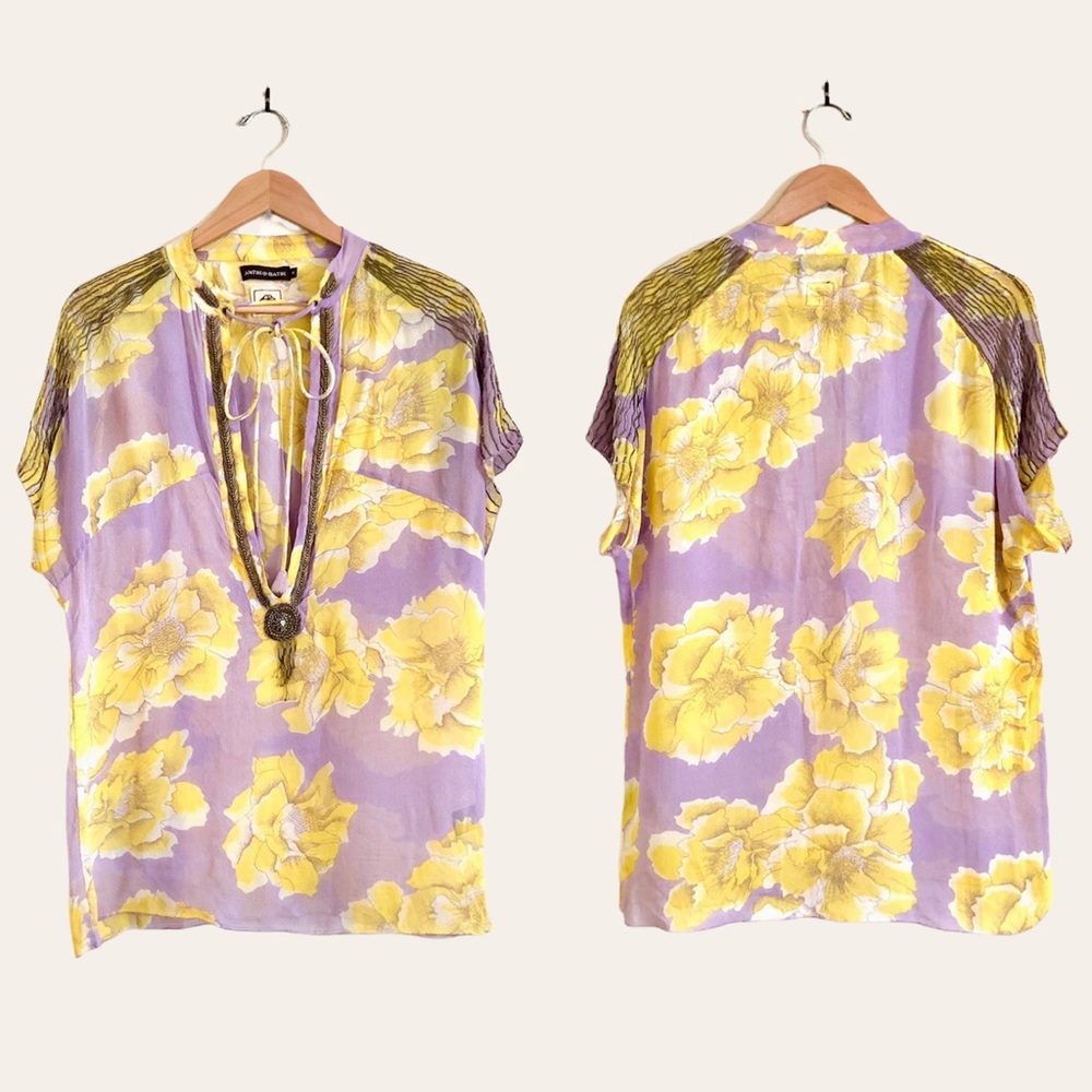 ANTIK BATIK Embellished Floral Sheer Tunic Top in Lavender Purple